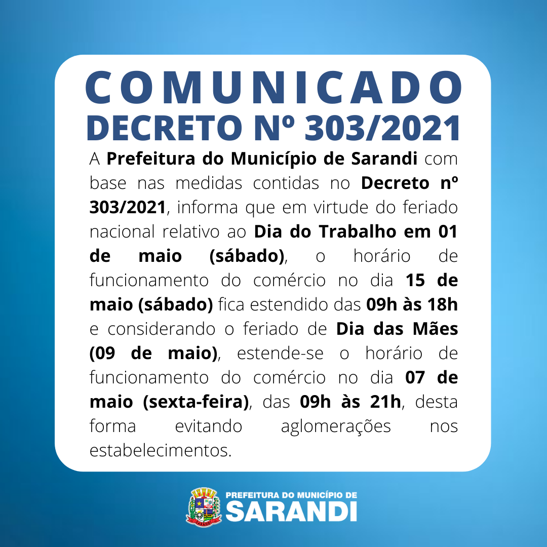 Prefeitura do Município de Sarandi estende horário de funcionamento nos dias 07 e 15 de maio